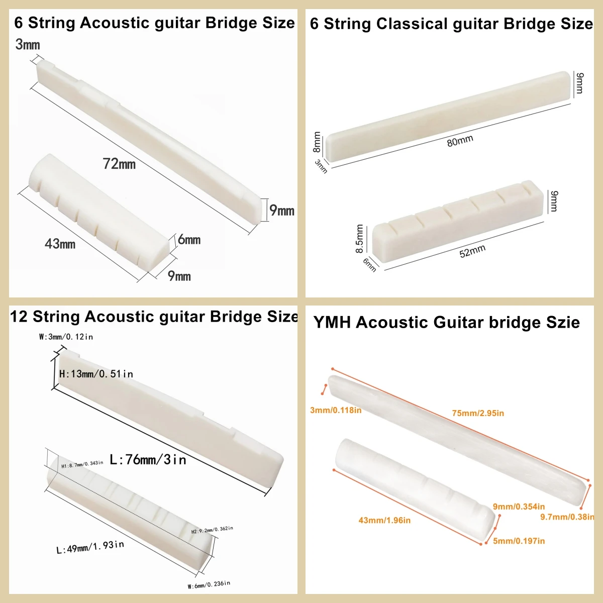 Miwayer 1 Pair 6-12 String Acoustic Classical Guitar Bone Bridge Multiple Saddle and Nut Made of Real Bone