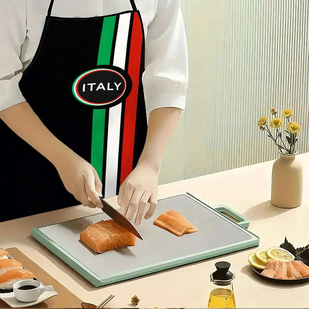 Italy Flag Stripe Apron, Black Kitchen Bib with National Color Vertical Band & Oval Logo, Cooking Gift for Italian Food Lover
