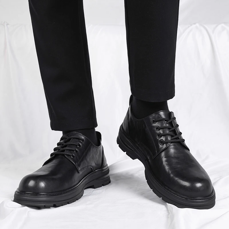 Brand Mens Round Toe Breathable Derby Shoes Autumn Classic Men Genuine Leather Comfortable Lace Up Business Casual Leather Shoes