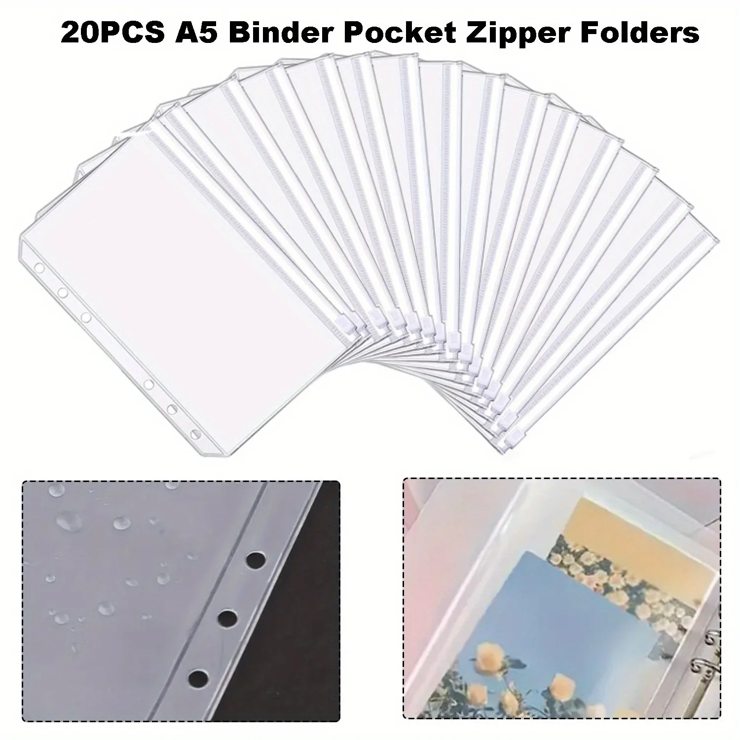 20PCS A5 Binder Pockets 6 Holes Clear Zipper Folders Planner Inserts Loose Leaf Bags Binder for Scrapbook Storage Supplies