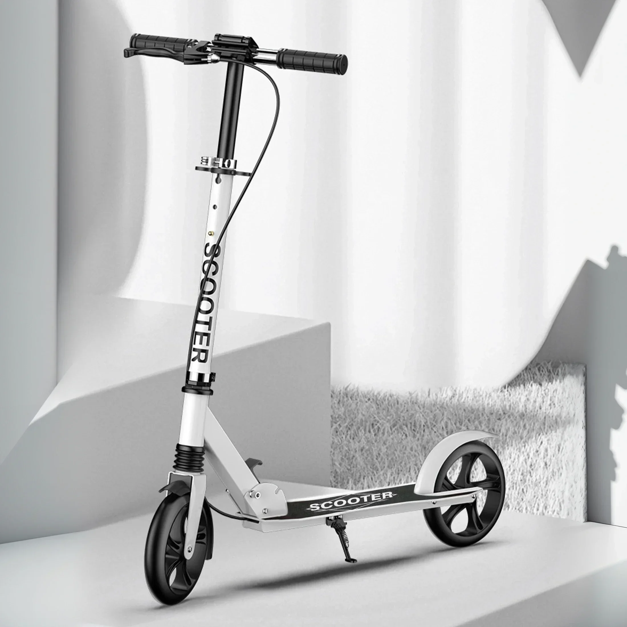 Cityroller, Scooter, Scooter, Roller, höhenverstellbar, klappbar, mit Handbrake, PU-Räder, für Kinder und Erwachsene, Weiß