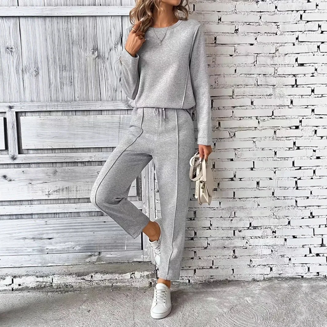 

2025 Women's Solid Color Crew Neck Sweatshirt Sweatpants Casual Sports Suit