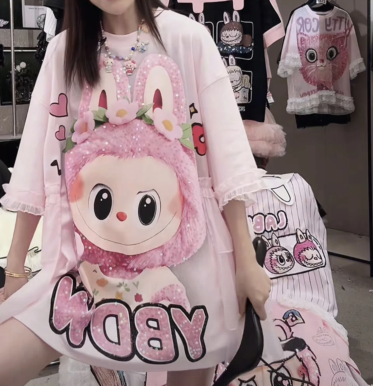 2025 nueva camiseta de manga corta de princesa rosa de verano con lentejuelas y estampado de dibujos animados, camisetas de longitud media, vestido elegante de malla, Tops de algodón de hadas