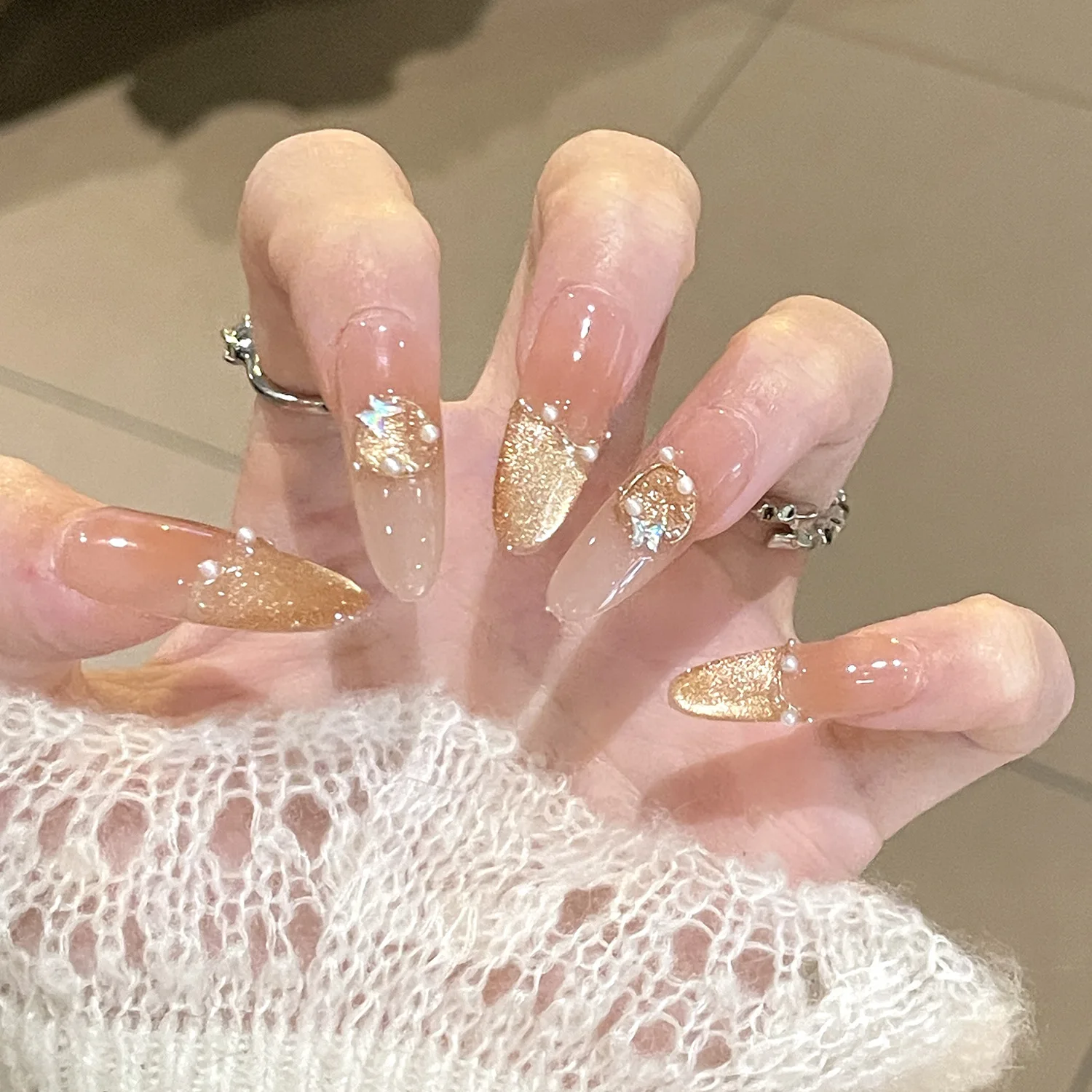 Handmade Acrylic False Nails 10PCS - French Cat Eye Style, Embellished with 3D Gems & Glitter, Medium Almond Square