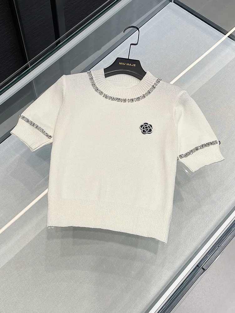 

High-End Summer Women's Knitted T-Shirt And Diamond Embellished Skirt Set Short Sleeve round Neckline Fashionable Two-Piece O...