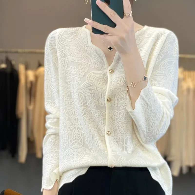 Spring New Thin Knit Cardigan  Weaving Flowers Thin Sweater Knitted Women Top Loose V-Neck Comfortable Soft Women Clothes 2025