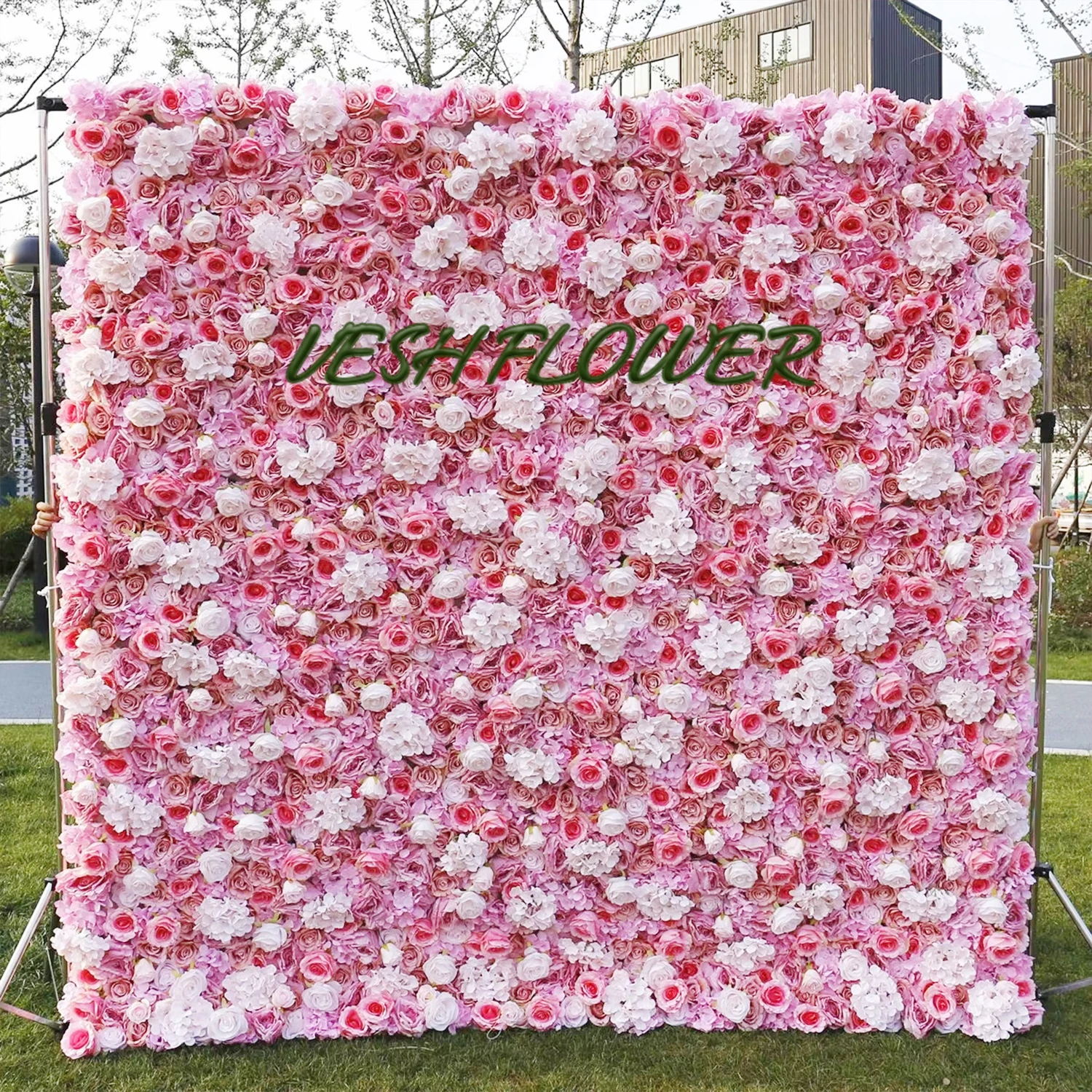 3D pinkish-white Wedding Backdrop Decor Rose Hydrangea Rolling Up Curtain Fabric Cloth Flower Wall Party Event Props