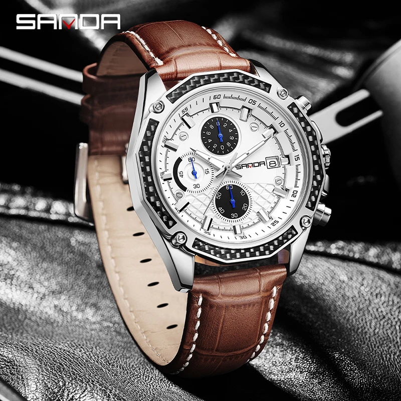 SANDA 5301 Business Men's Quartz Watch Three Eye Six Needle Chronograph Calendar Night Light Waterproof Men's Quartz Watch