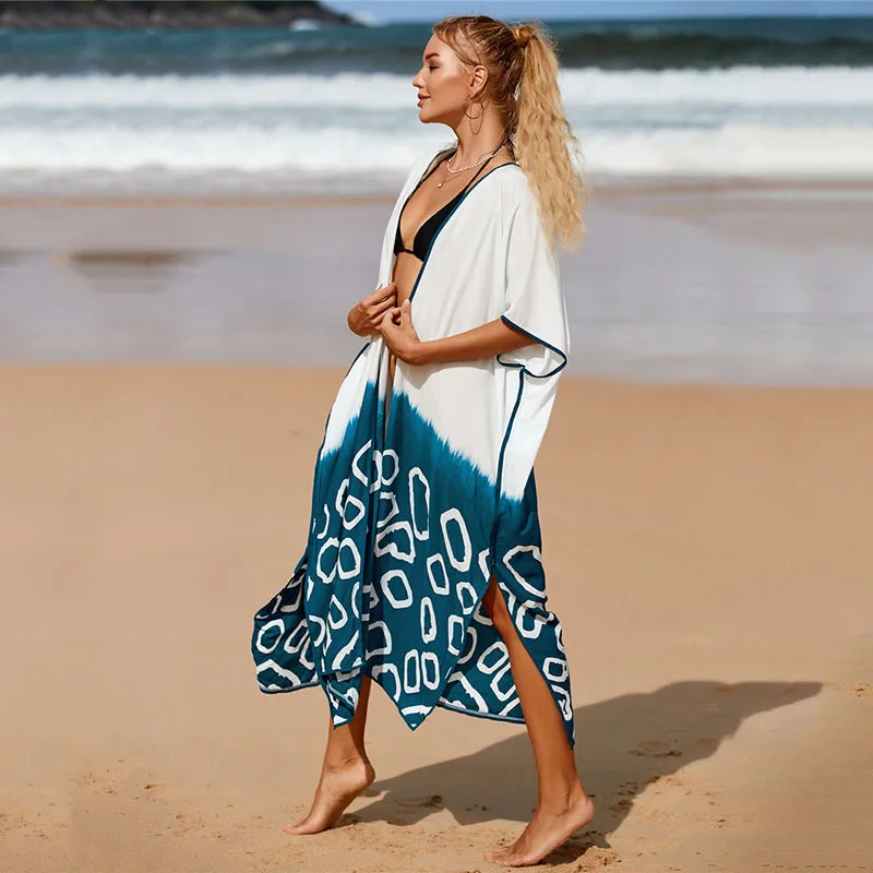 Bohemian พิมพ์ Tie Dye บิกินี่ปกคลุม Kimono ชุดเดรสว่ายน้ำผู้หญิงหลวมฤดูร้อน Beach สวมชุดว่ายน้ำปกคลุม Cardigan