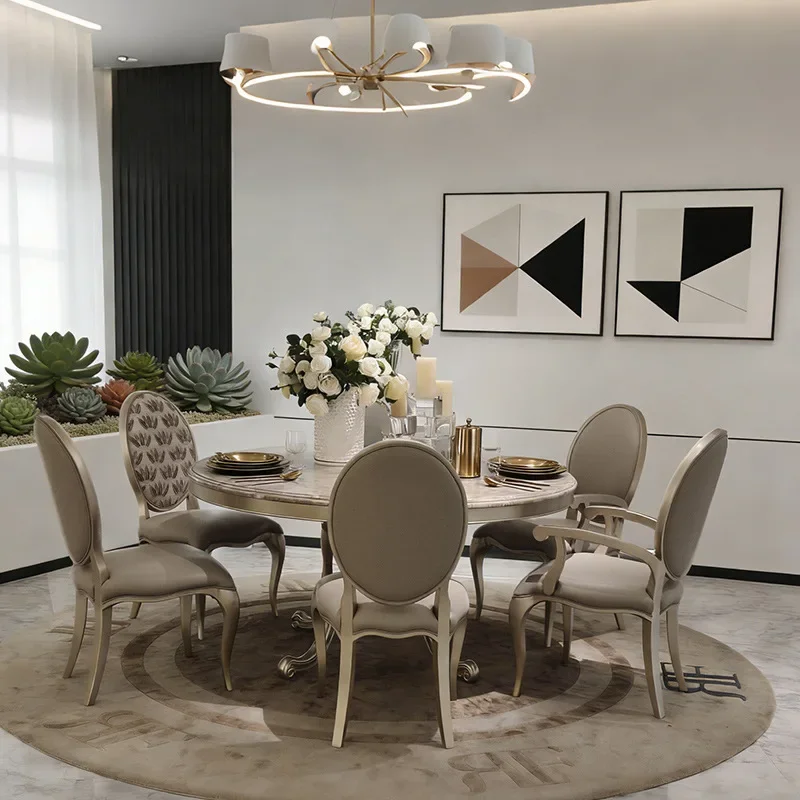 European-style solid wood round dining table, French vintage marble turntable, round dining table and chairs, carved dining tabl