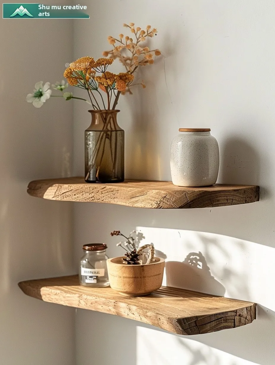 Rustic Old Elm Wood Wall Mounted Shelf U-Shaped  Wood Partition Storage Organizer Decorative Display Rack for Home Office