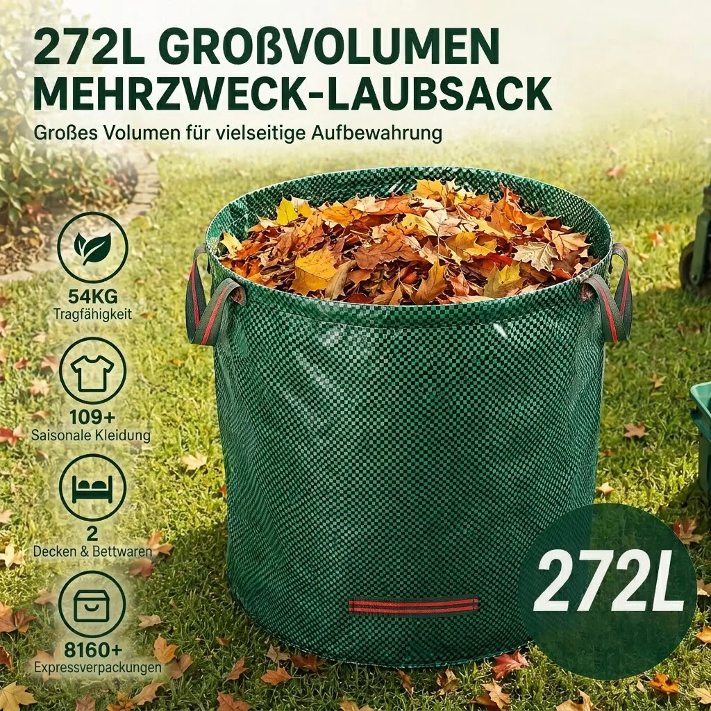 Robuste PP-Gartenabfallbeutel 3x272L – wiederverwendbare Gartenabfallbeutel mit Industriestoff und Griffen für die Pflanzen- und Blattsammlung