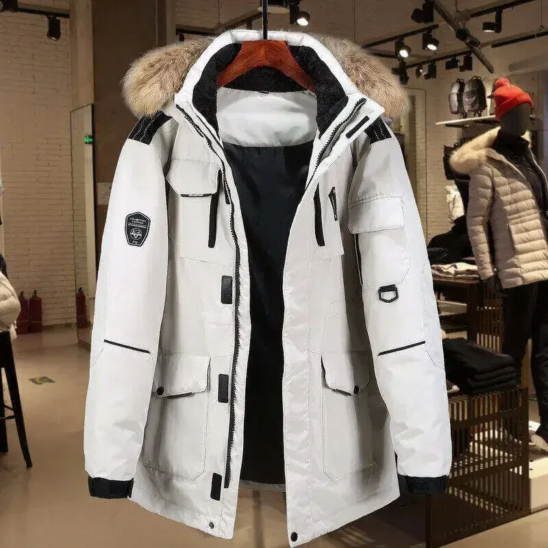 Winter Down Jacket Men's Korean Trendy Thick Big Fur Collar Hooded White Duck Down Warm Coat Couple's Street Snow Pocket Parka