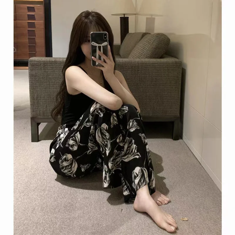 

Широкие брюки с цветочным принтом тай-дай для женщин, летние, тонкие, из ледяного шелка, для сна, повседневные, для отдыха, с защитой от солнца, с принтом роз