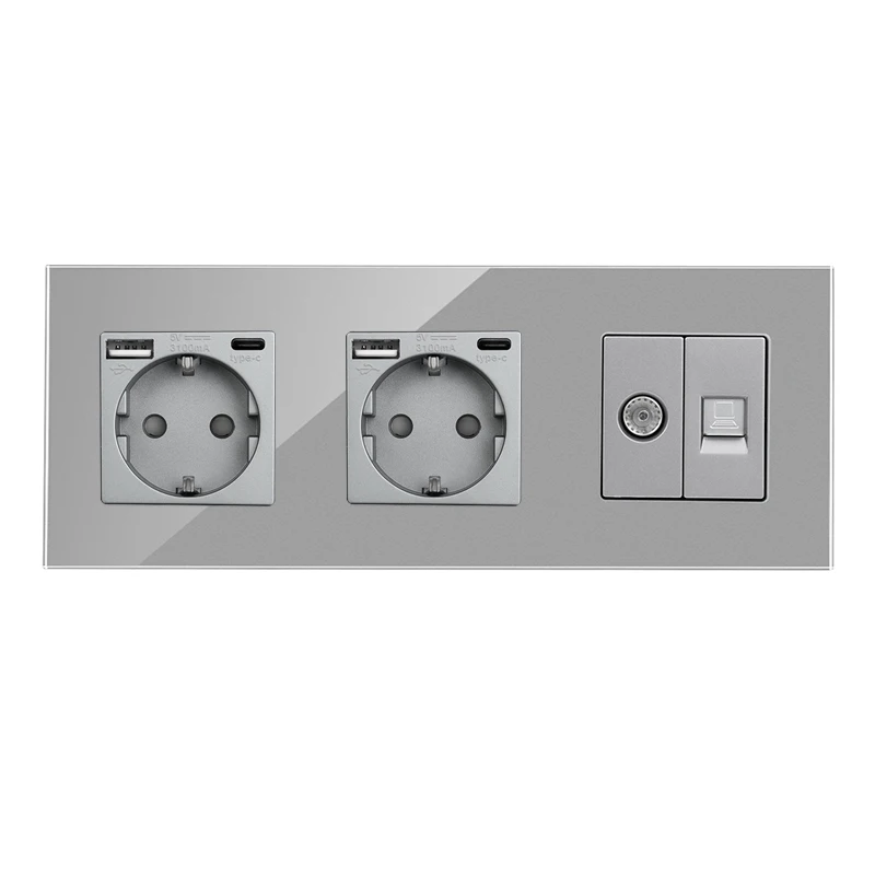 DAJIMEI EU Socket with USB Type C Fast Charging Light Touch Switch and Socket Grey Crystal Glass Panel Plug Electrical Outlet