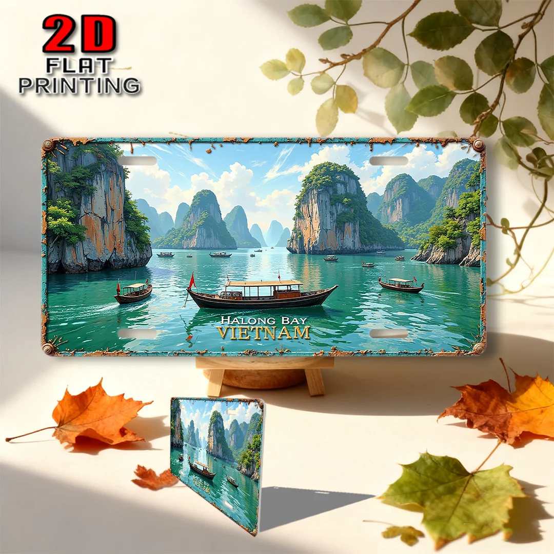 Placa de Metal Vintage 2D Plana, 1 unidade, com Tema Baía de Halong, Vietnã, Estilo Retrô Vietnamita, Ideal para Café, Garagem, Jardim
