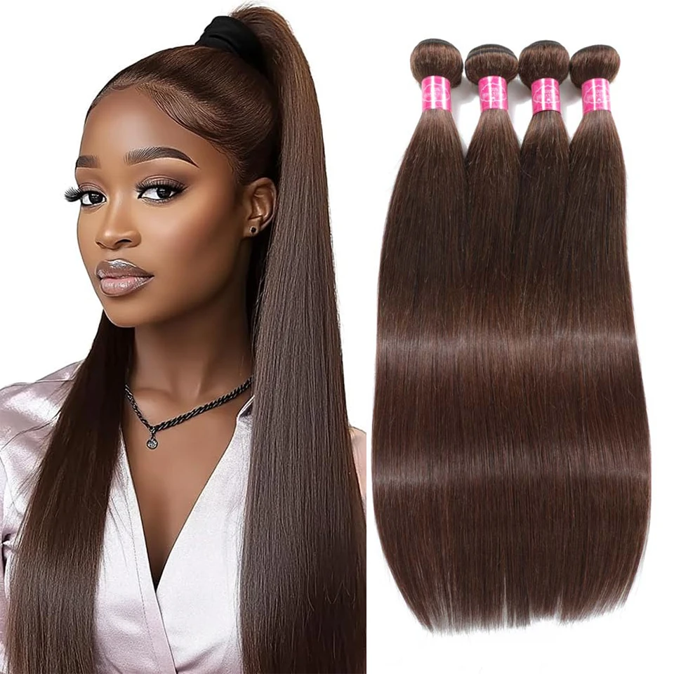 #4 Medium Brown Straight Human Hair Bundles 1/3/4 Bundles Deals Unprocessed Virgin Hair Double Machin Weft for Black Women Colored Hair Chocolate Brown #4 Color Straight Hair Bundles Human Hair Extensions Wet and Waye Soft Silky 100G/PC
