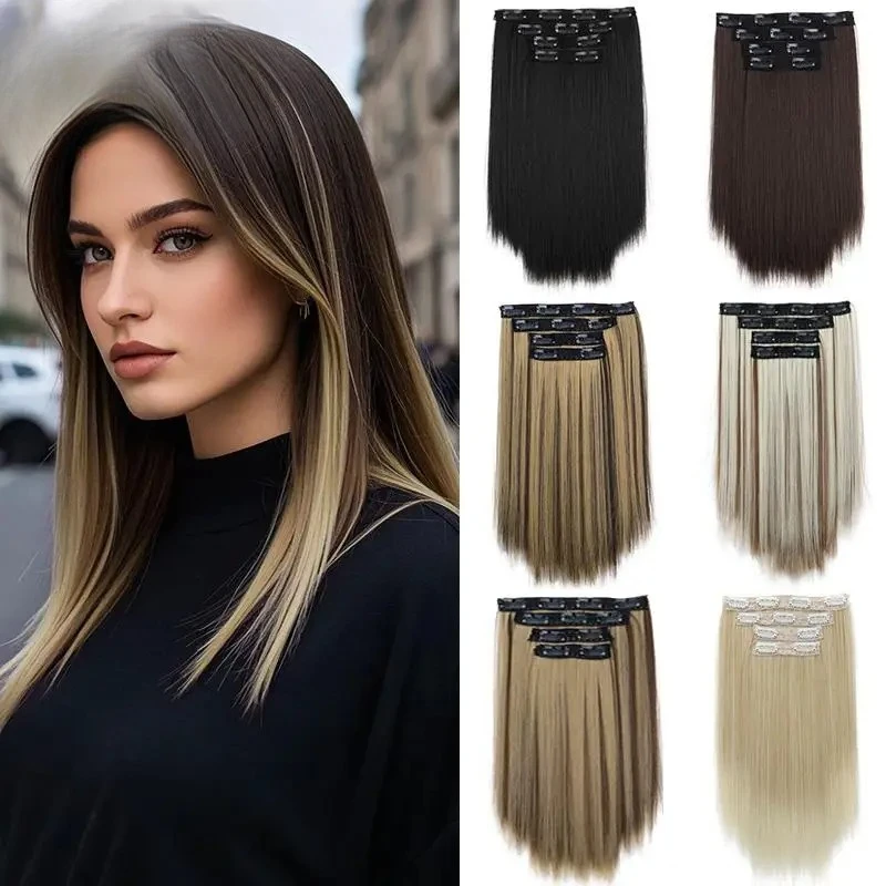 

14Inch Synthetic 4pcs/set Short Straight Clip-In Hair Extensions Black Blonde Hairpiece Easy to Wear for Women