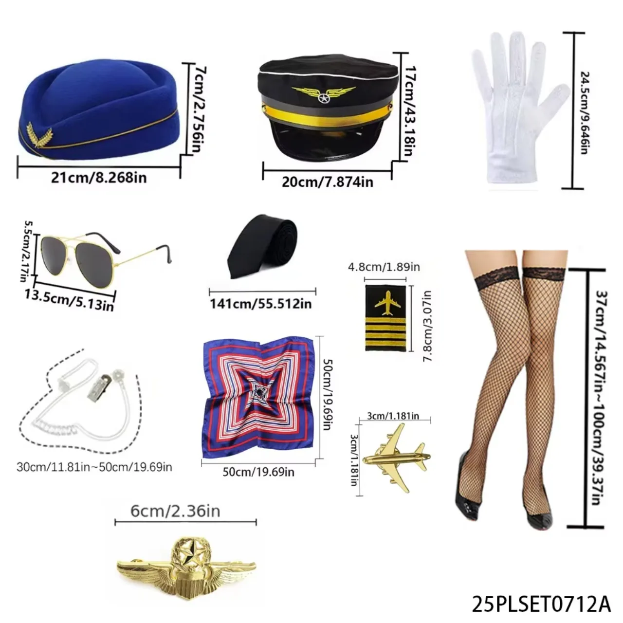 PESENAR Flight Attendant Costume Set  Blue Black Hat, Gloves, Gold Sunglasses  Scarf, Authentic Role Play Kit view 2