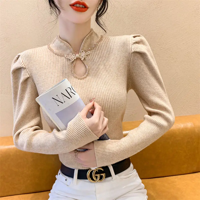 Chinese Style Buckle Stand Up Collar Knitted Sweater for Women's Clothing New Heavy Industry Nail Drill Hollow Long Sleeved