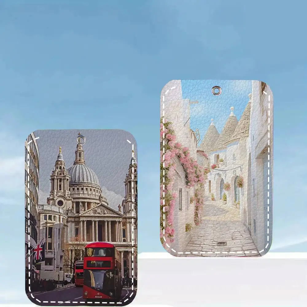 Europe Greece France Santorini Landscape Card Case Keychain Access Card Bag Key Tag Ring Leather Card Holder Key Ring Access