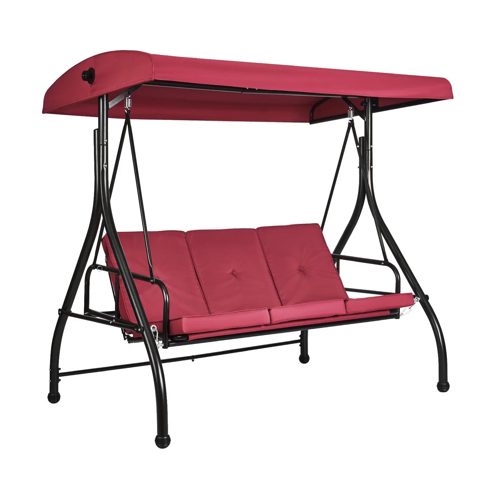 3-Seat Burgundy Canopy Swing Chair for Outdoor Patio Adjustable Removable Thick Cushion Alloy Steel Frame Backyard Furnitureprom