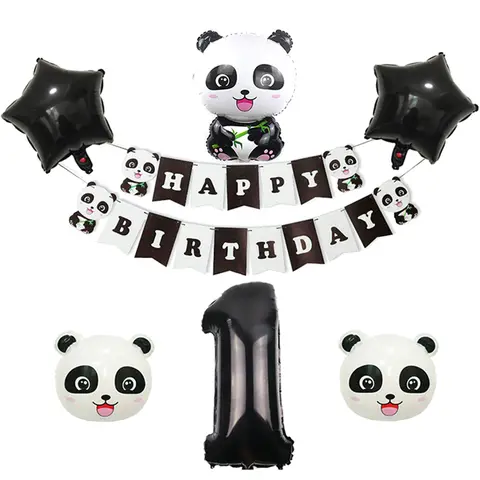 Black White Panda Theme Balloon Cartoon Panda Shaped Foil Balloon Panda Banner Children's Birthday Theme Party Decorations ﻿