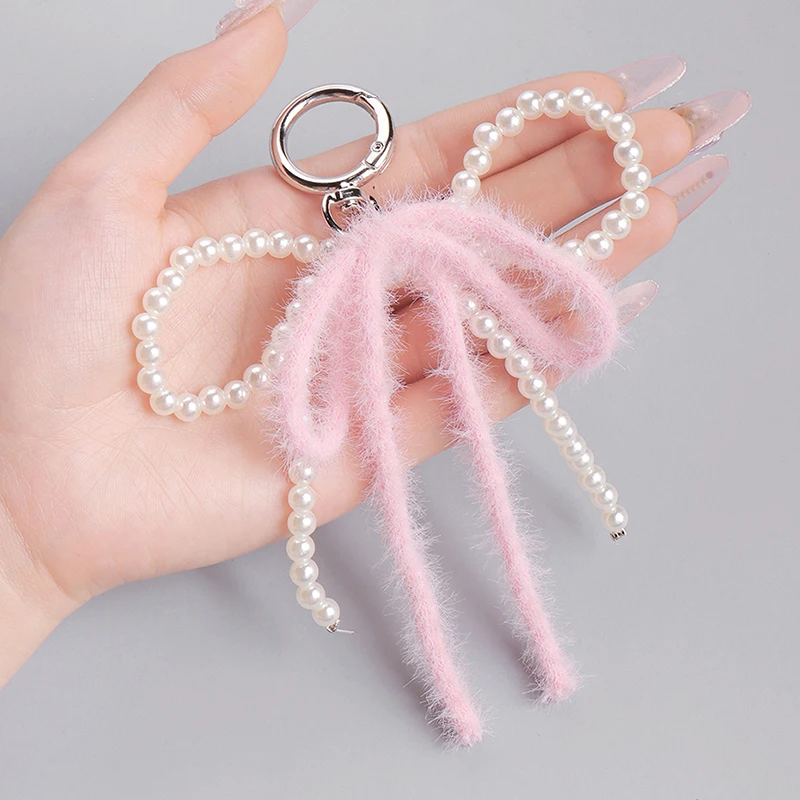 1 Piece Chic Bow Key Ring Pendant For Bag Korean Fashion Sweet Pearl Bow Bag Keychain Charm For Student Girl Kawaii Bag Strap