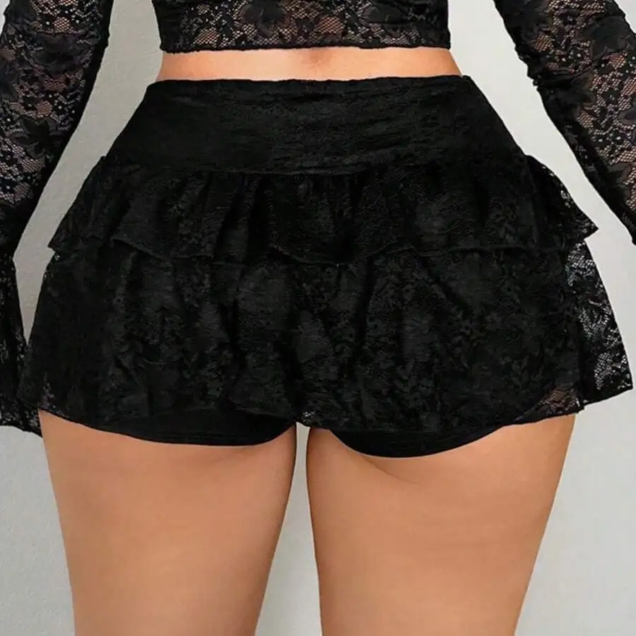 

Women Low Waist Lace Ruffle Layered Pleated Mini Shorts For Party Shopping Casual Summer