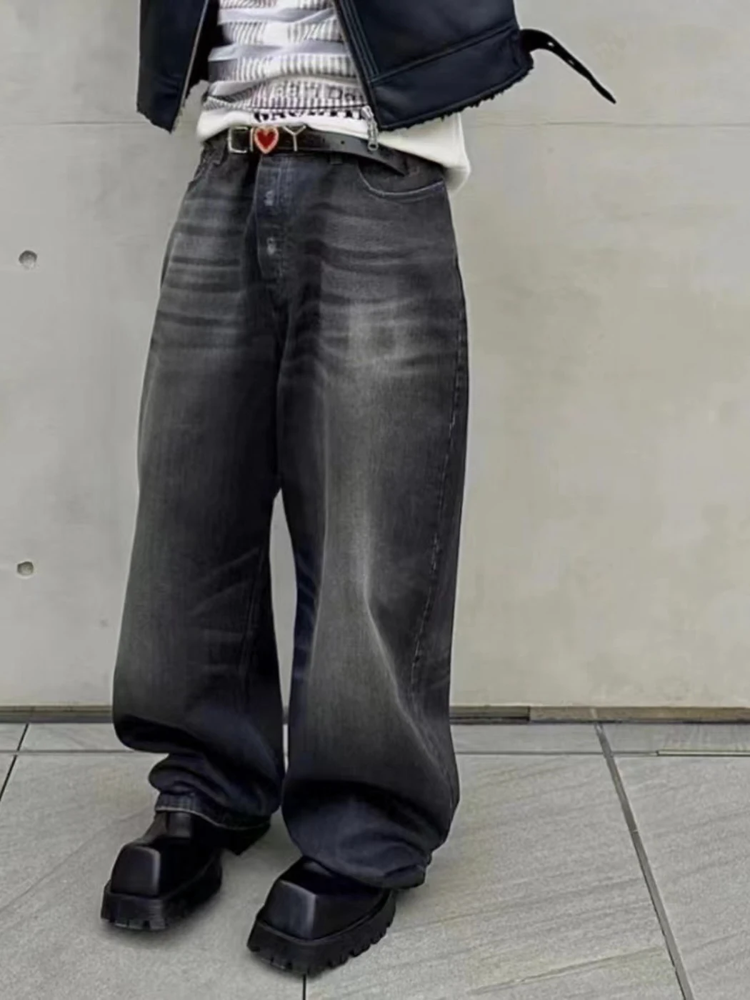 

American Retro Waed ey Wide Leg Men's Jeans Paris Sle Trendy Long Trousers Youth Casual Wear Four Seasons Universal