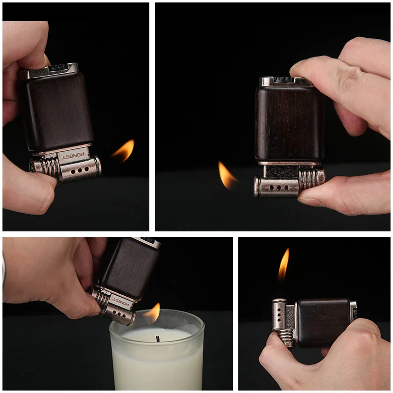 New Sandalwood Gas Lighter Creative Personality Retro Open Flame Wooden Shell Pipe Lighter High Quality Gift Collection