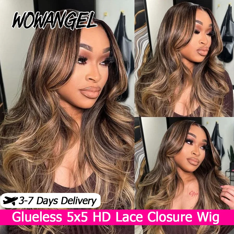

Парик WOWANGEL Honey Blonde Balayage Highlight из натуральных волос, с эффектом Body Wave, 5x5 HD Lace, без клея, предварительно осветленные бразильские волосы