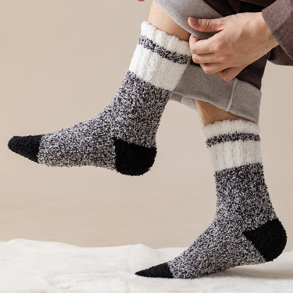 남성 코랄 플리스 두꺼운 겨울 양말, 중간 튜브 수면 바닥 모피 양말, 보온, 아늑한 푹신한 따뜻한 양말, 소년 양말, 3 쌍