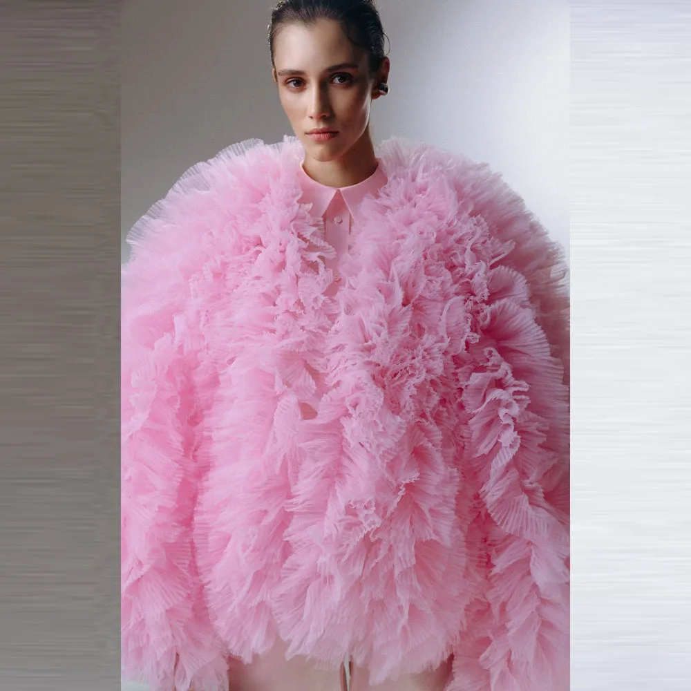 Pink Pretty Tops Women Jacket Ruffles Jacket Puffy Tutu Blouse Long Sleeve Ruffled Lush Mesh Women Short Dress Without Shirt