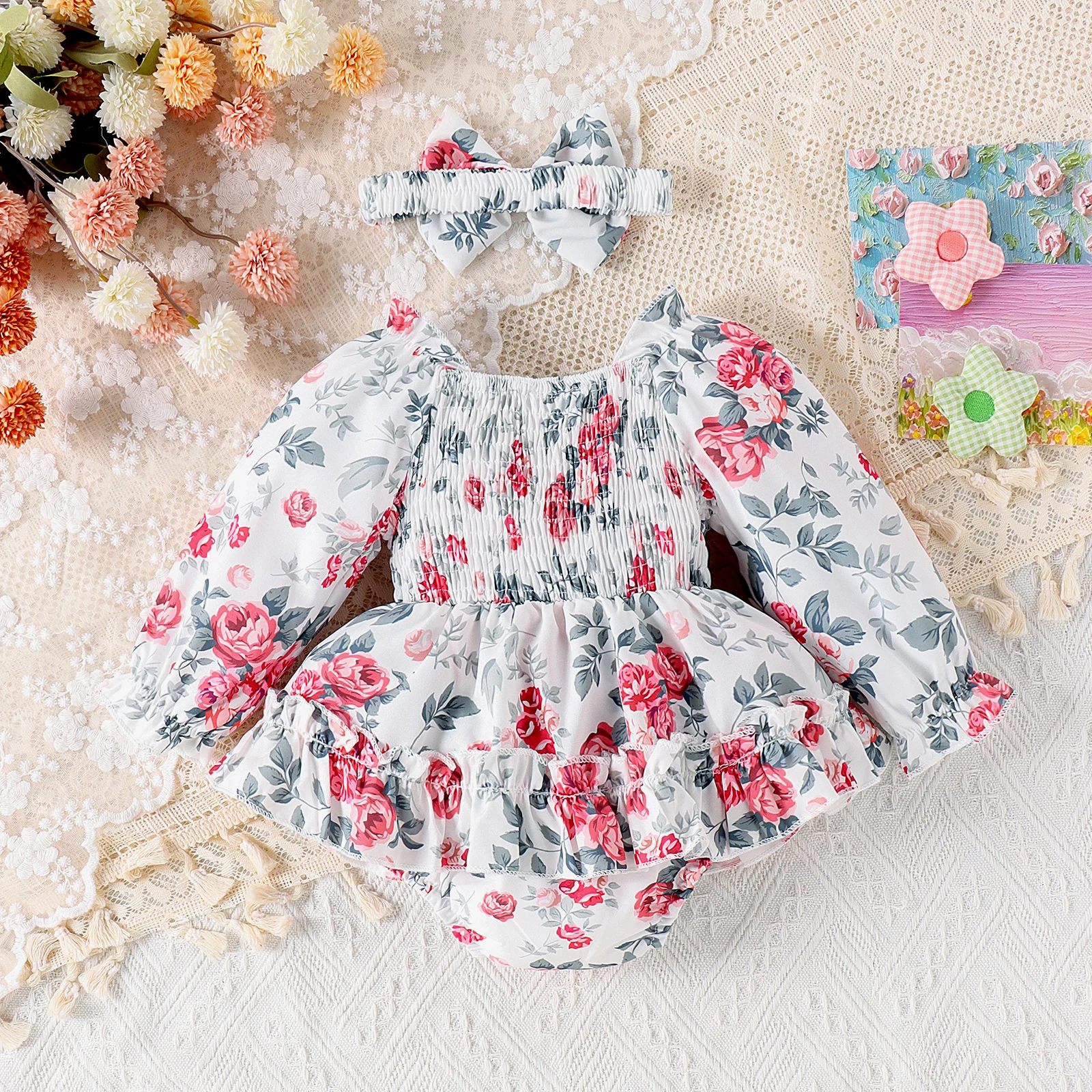 2PCS Autumn New Style For 0-1-Year-Old Girls, Sweet And Cute, Printed One-Piece Skirt + Hair Band