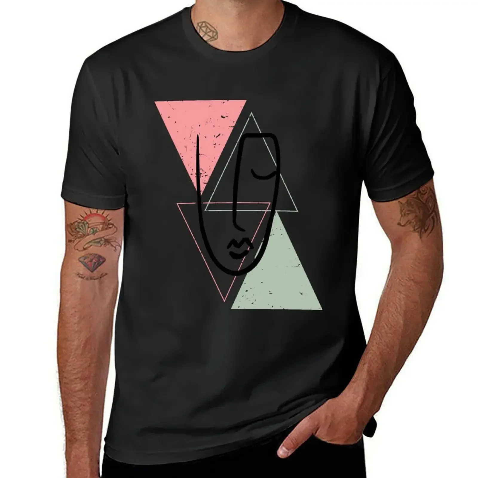 Triangular Mind / Lined-Art Face / pink and green triangles T-Shirt new edition plain mens tall t shirts