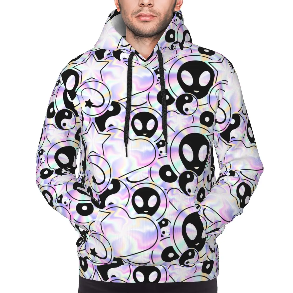 Psychedelic Style Alien Hoodie For Men Women Trippy Holographic Aliens Pullover Long Sleeve Sweatshirts Drawstring Hooded Shirt