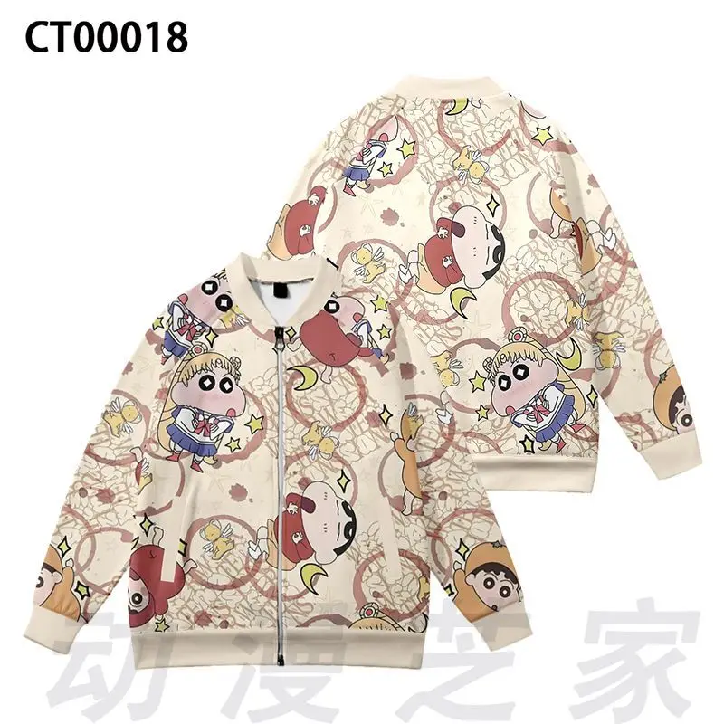 Harajuku Style Crayon Shinchan Anime Character All Over Print Zipper Baseball Coat Loose Long Sleeve Casual Streetwear Outerwear