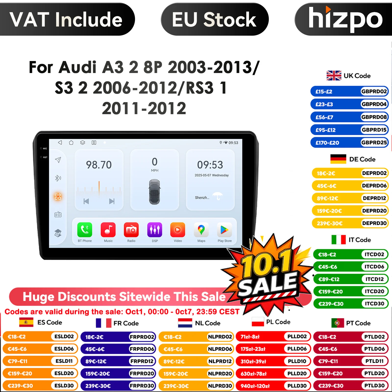 64G 4G-LTE Carplay AutoRadio 2 Din Android 14 Car Stereo con schermo GPS per Audi RS3 Sportback A3 8P S3 2003-2012 Multimedia BT