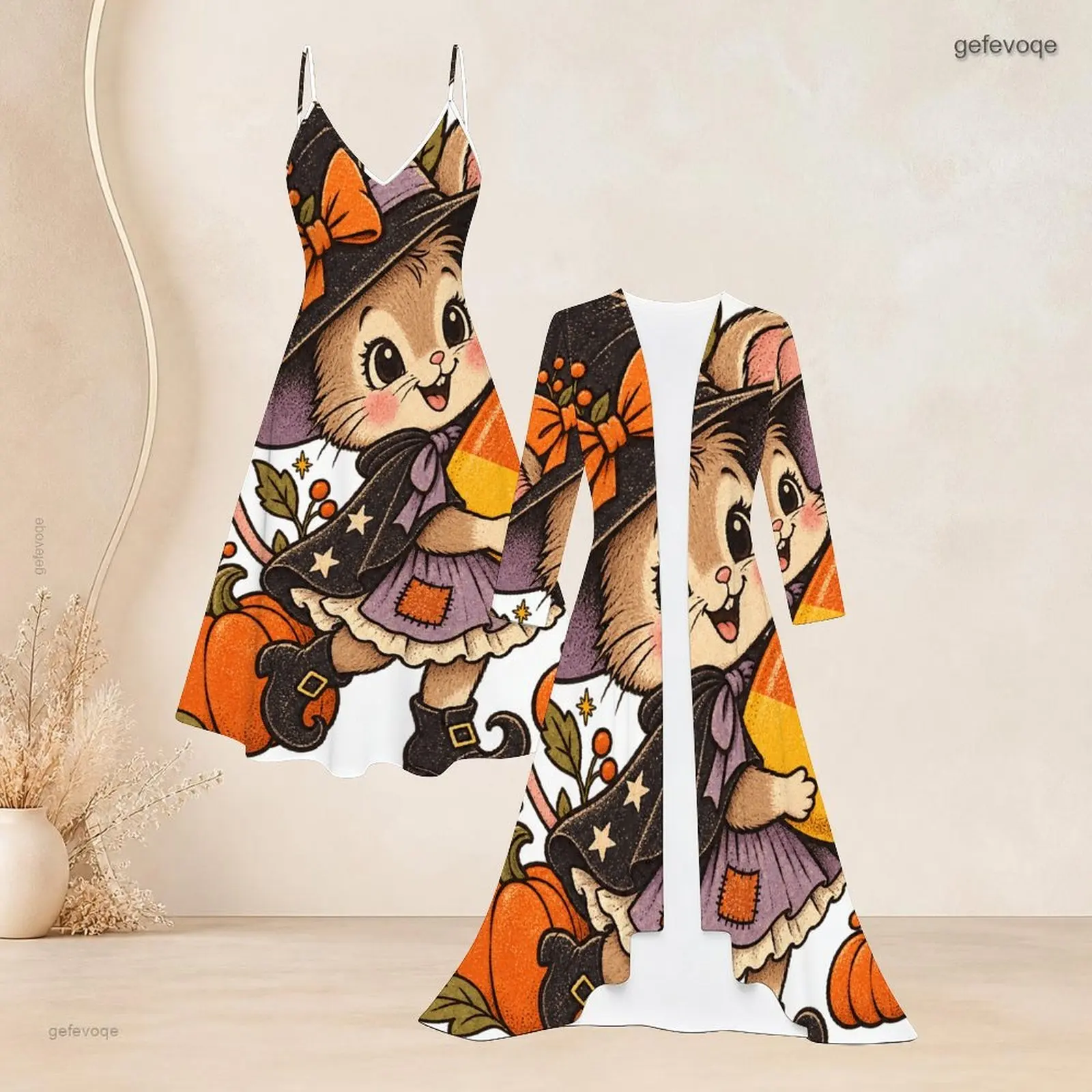 Women Cartoon Cowboy Ghost Floral Printed 2 Piece Set, Spaghetti Strap Flared Dress and Long Open Front Cardigan