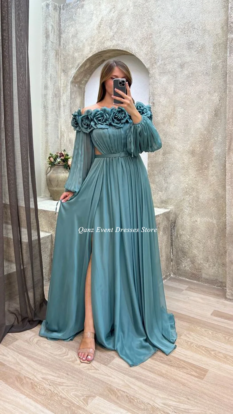 Qanz Sexy Slit Evening Dresses Flowers Puff Sleeves Belt Pleat Vestidos De Noche Gala Party Dresses Robes De Soirée Customized