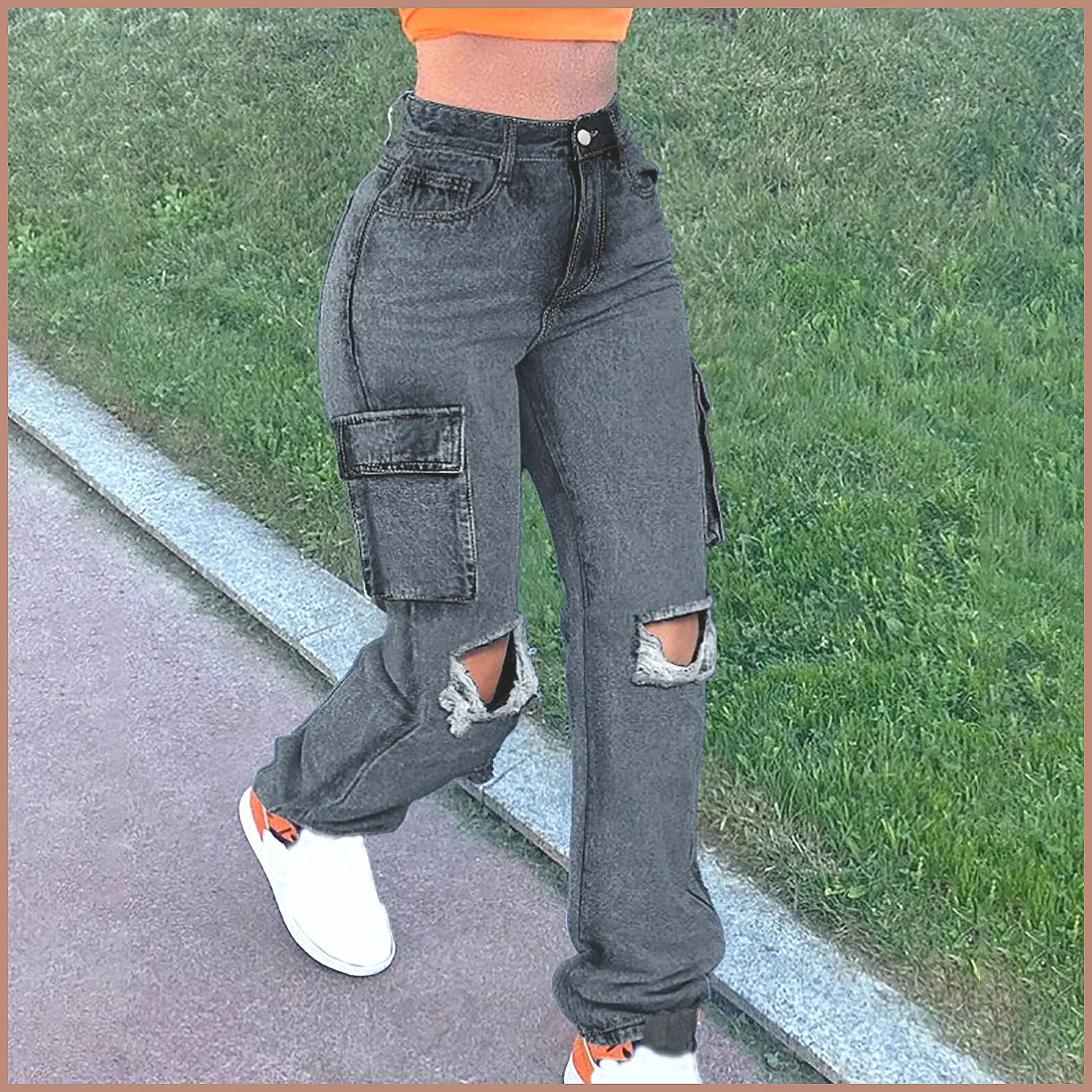 Women's Baggy Cargo Jeans Streetwear Black Denim Washed Casual Straight Trousers