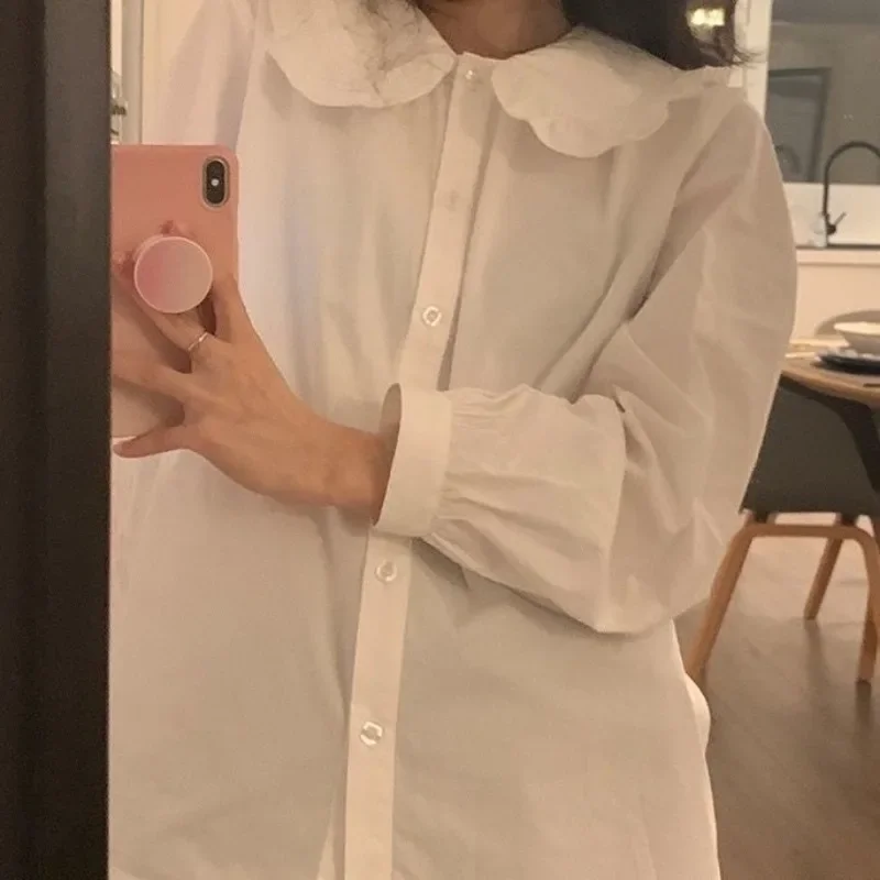 Sweet Girlish Shirts Women Gentle Preppy Style Peter Pan Collar Aesthetic Pure Ruched Design Kawaii Camisas Puff Sleeve Autumn