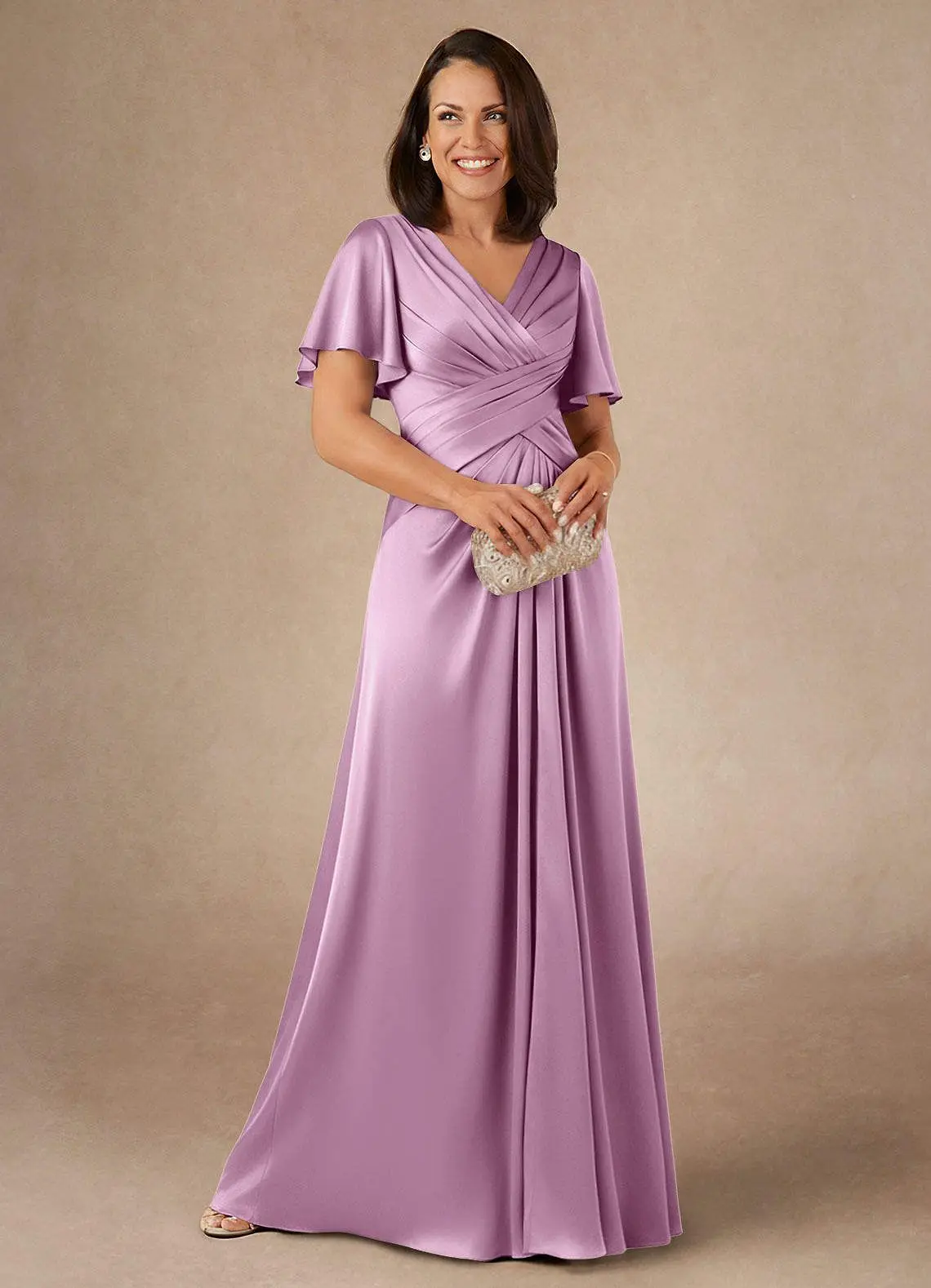 Customized Short Cap Sleeves Mother of the Bride Groom Dresses Elastic Satin Pleats V Neckline Long Evening Gowns