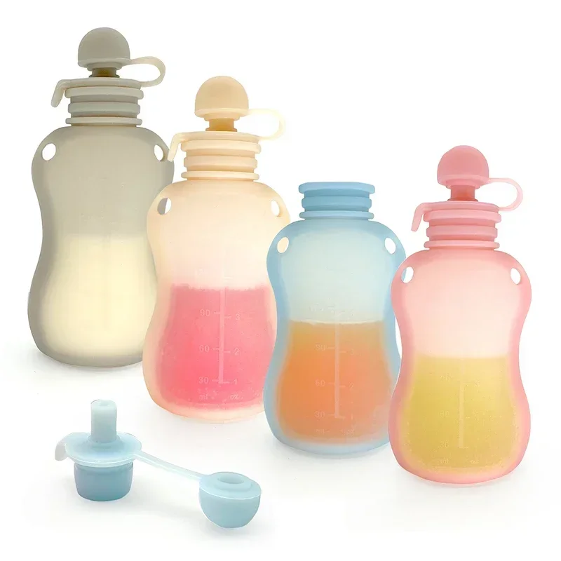 Baby Food Pouches Reusable Silicone Yummy Bag Food Grade BPA Free Puree Juice Breastmilk Storage Bottle Portable Feeding Partner