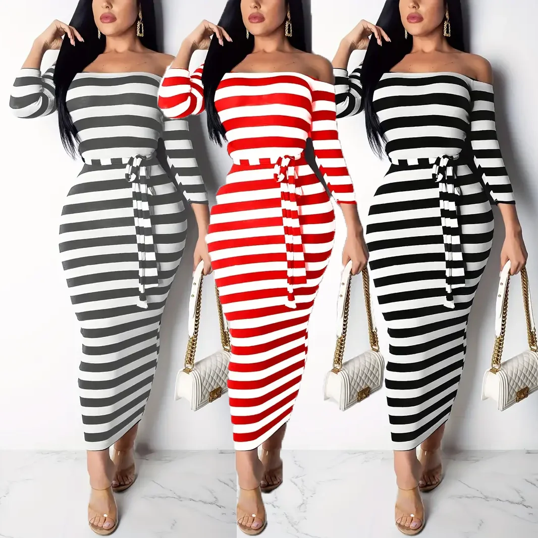 Nowość 2024 Casual Women Dress Summer Striped Bodycon Midi Dresses Slash Neck Lace Up Three Quarter Pencil Dresses