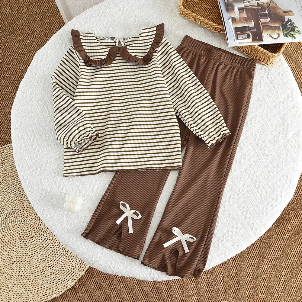 Autumn New Korean Version Casual Girl Clothes Flip-over Striped Long Sleeve Top + Butterfly Tie Pants Two-Piece Set