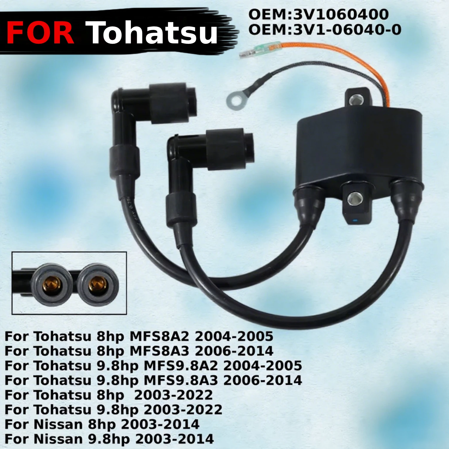 

Ignition Coil Fits for Tohatsu 8hp MFS8A2 MFS8A3 / 9.8hp MFS9.8A2 MFS9.8A3 / Nissan 3V1060400 / 3V1-06040-0 High-voltage packet