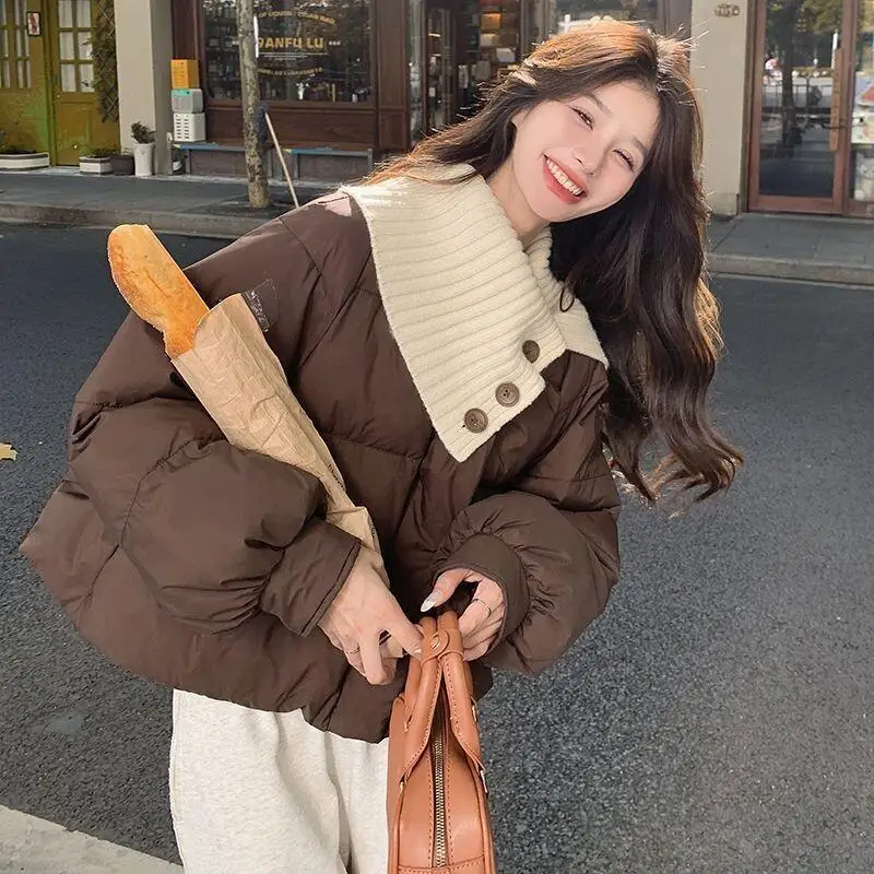 Veste rembourrée pour femme automne hiver courte marron col en tricot veste en coton femmes petite taille 2025 hiver nouveau nouveau modèle de mode