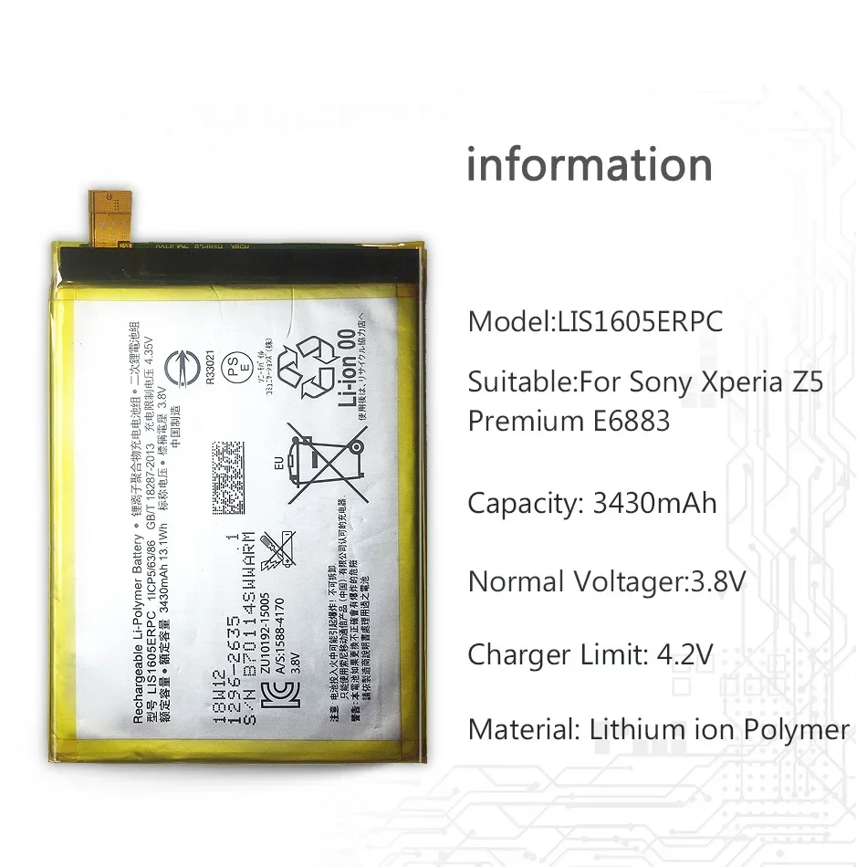 Portable Battery for Sony Xperia Z5P Z5 Plus Premium Dual E6883 E6853 Li-ion Batteries LIS1605ERPC 3430mAh Warranty Track NO